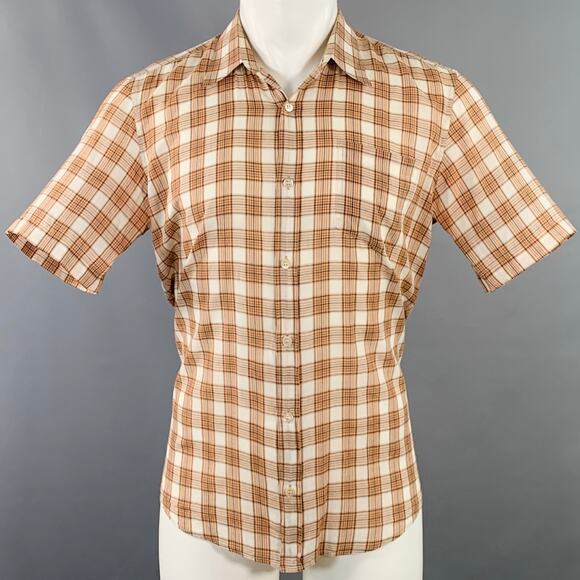 DRIES VAN NOTEN Size M Cream Brown Black Plaid Cotton Sheer Short Sleeve Shirt - Picture 1 of 7